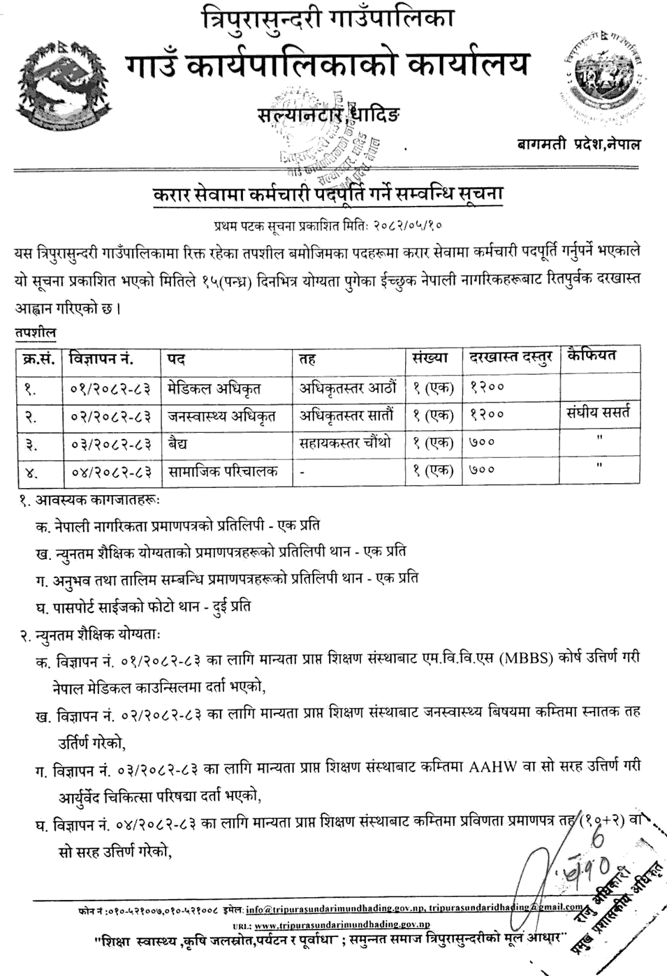 Tripurasundari Rural Municipality Contract Vacancy 2082 