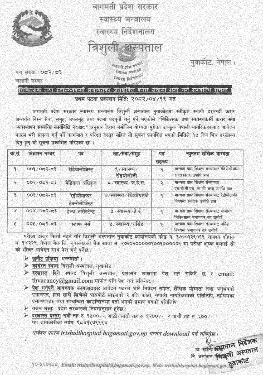 Trishuli Hospital Contract-Based Health Staff Vacancy 