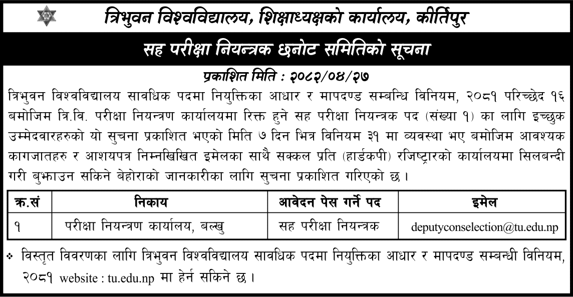 TU Deputy Examination Controller Vacancy 2082 