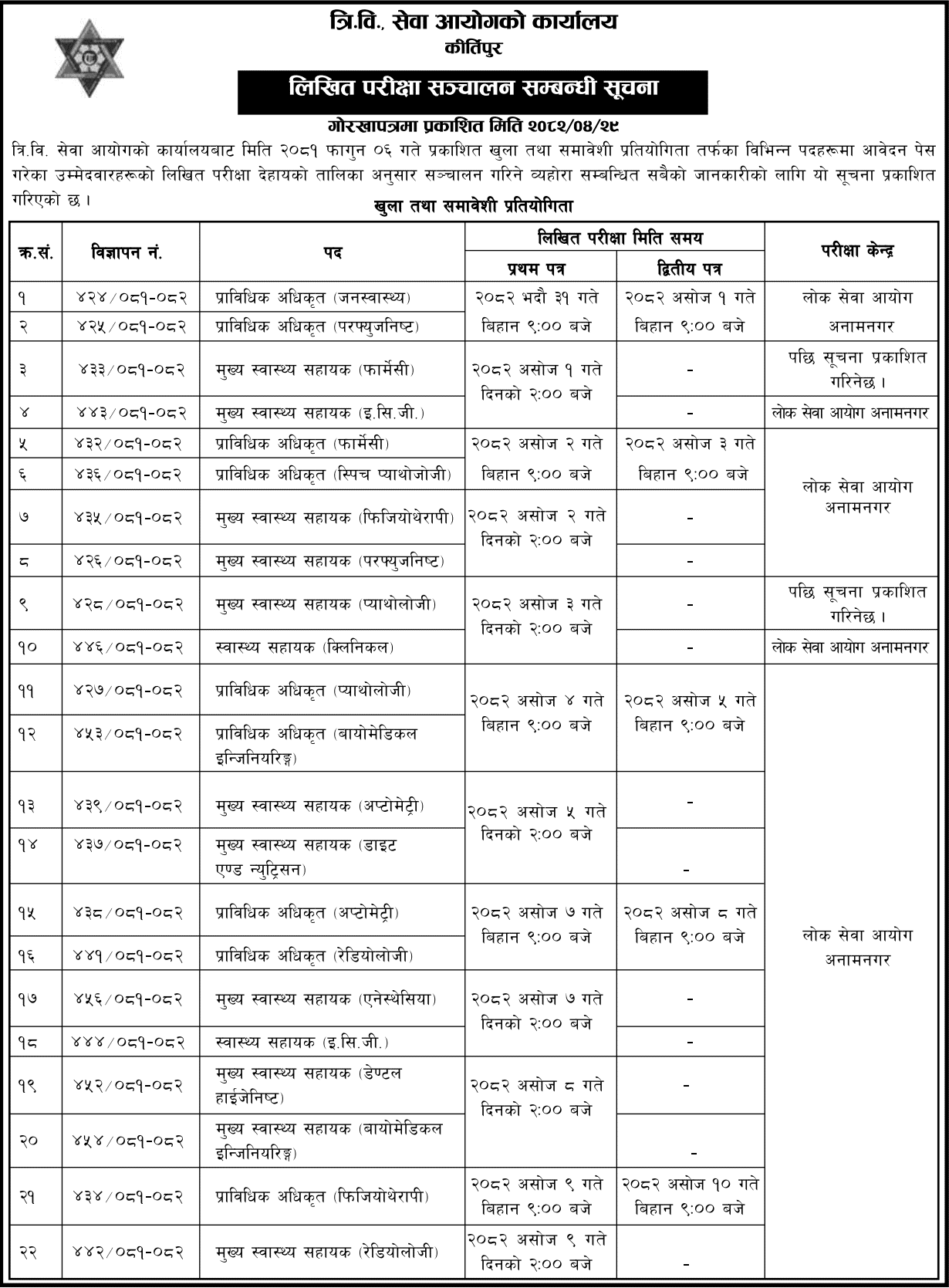 TU Service Commission Written Exam Schedule 2082 