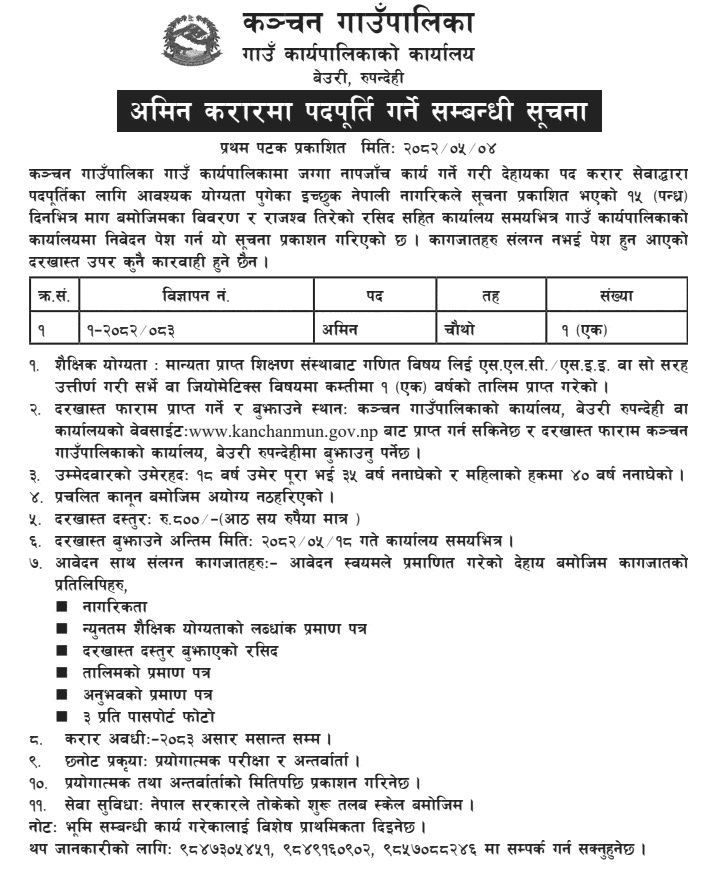 Vacancy for Amin Post at Kanchan Rural Municipality 