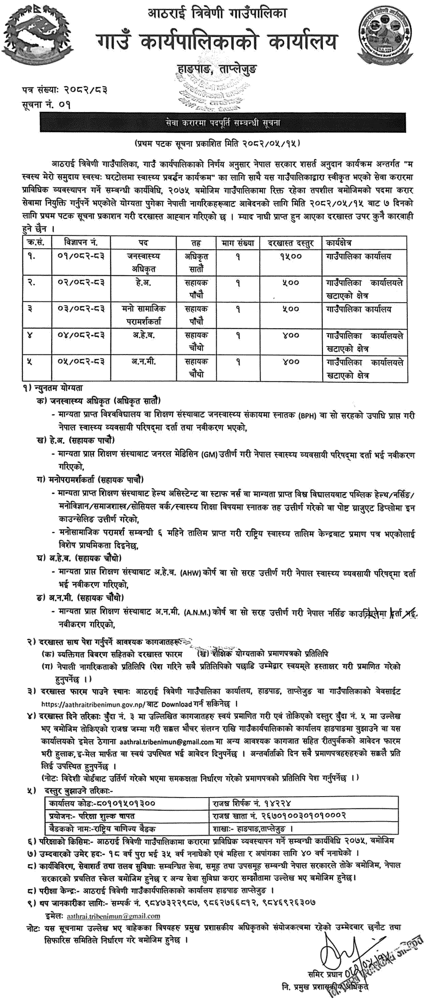 Aathrai Triveni Rural Municipality Health Service Vacancy 2082
