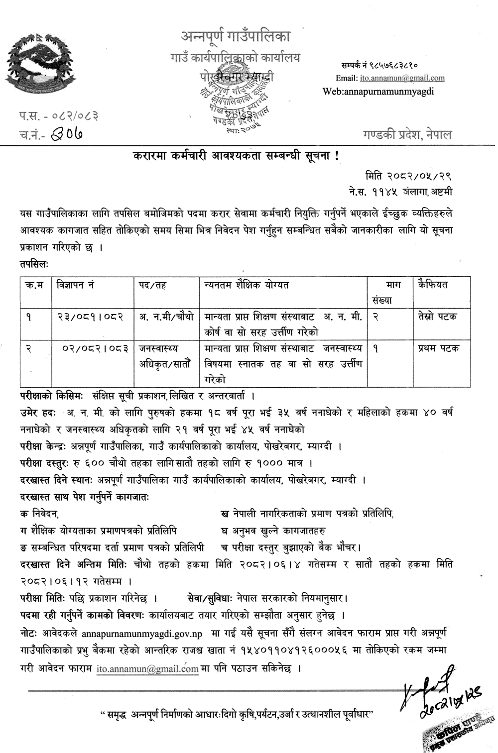 Annapurna Rural Municipality Myagdi Vacancy for ANM and PHO 