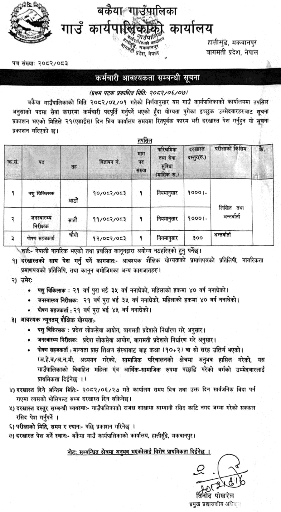 Bakaiya Rural Municipality Service Contract Staff Recruitment 