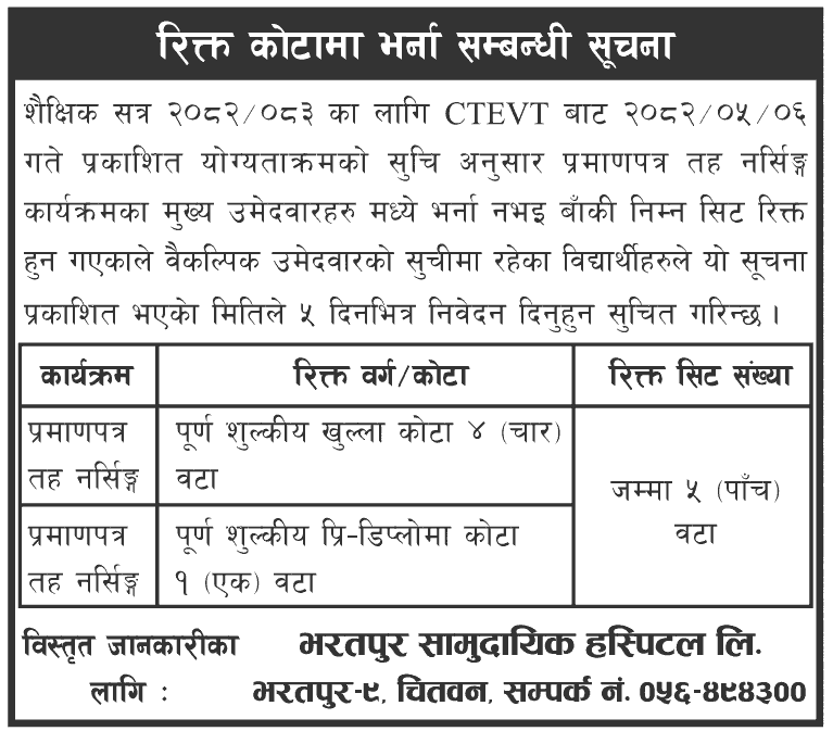 Bharatpur Community Hospital PCL Nursing Admission 2082 