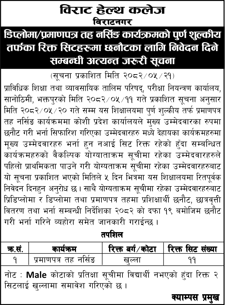Birat Health College Admission Open for Nursing Vacant Seats 
