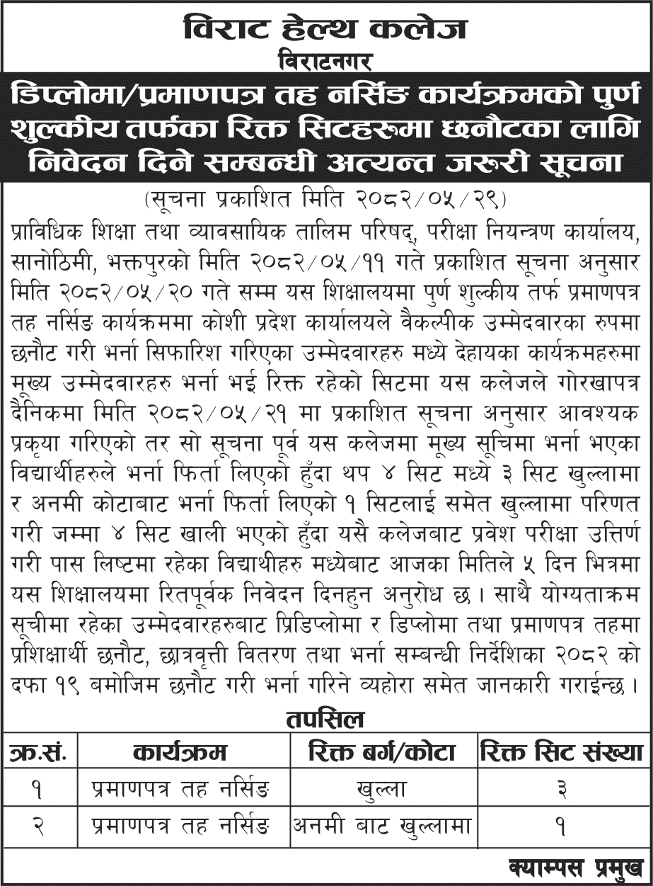 Birat Health College Nursing Program Admission for Vacant Seats 2082 
