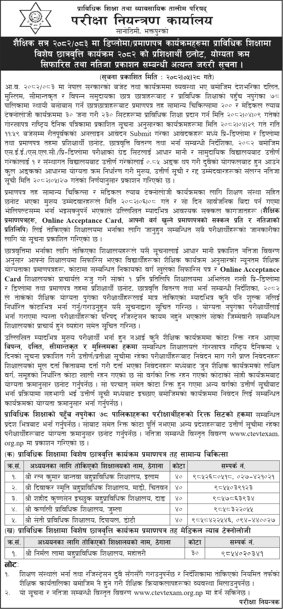 CTEVT Special Scholarship Program Result 2082 