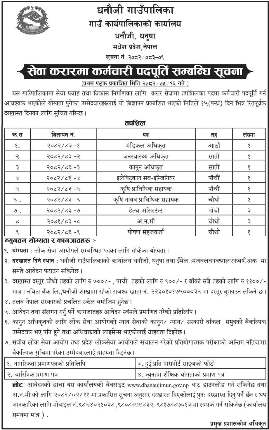 Dhanauji Rural Municipality Service Contract Vacancy 2082 