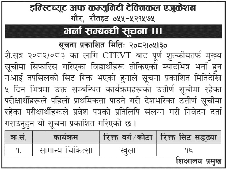 Institute of Community Technical Education HA Admission 2082 