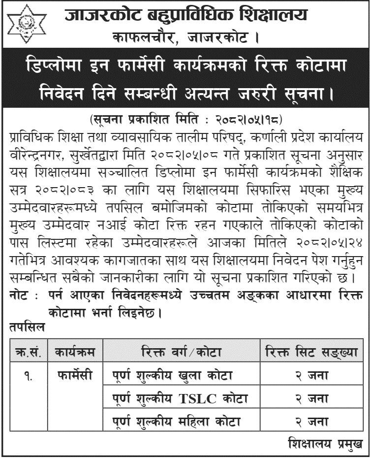 Jajarkot Polytechnic Institute Diploma Pharmacy Admissions Notice 