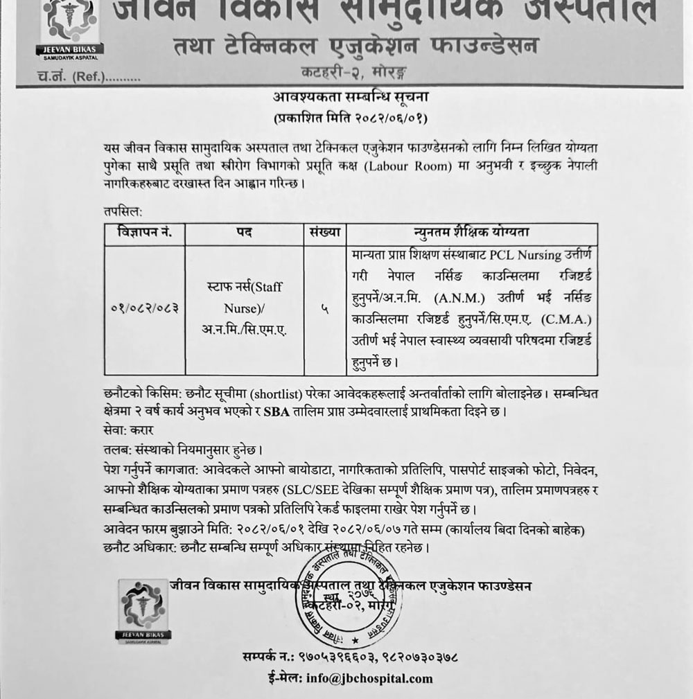 Jeevan Vikas Community Hospital ANM Nurse Vacancy 