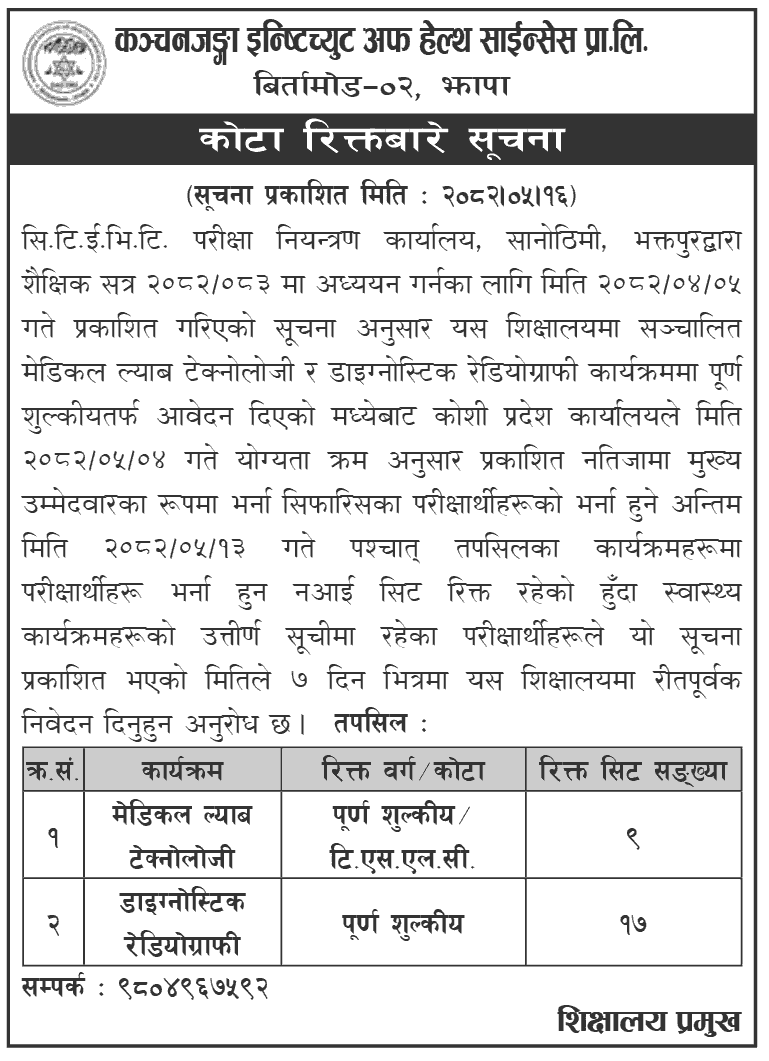 Kanchanjunga Institute of Health Sciences CMLT and Radiography Admission 2082 