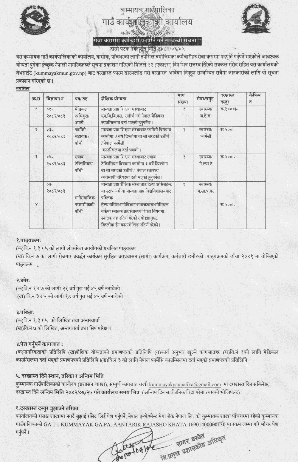Kummayak Rural Municipality Contract Vacancy Notice 2082 