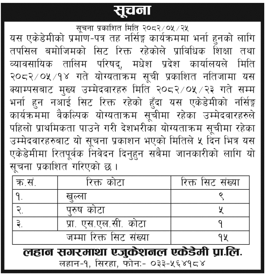 Lahan Sagarmatha Educational Academy Nursing Admission Notice 