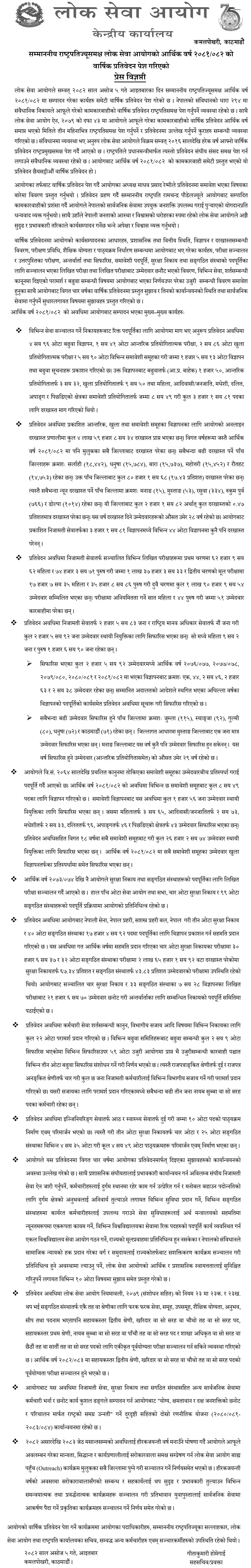 Lok Sewa Aayog Annual Report 2081 082 Presented to President 