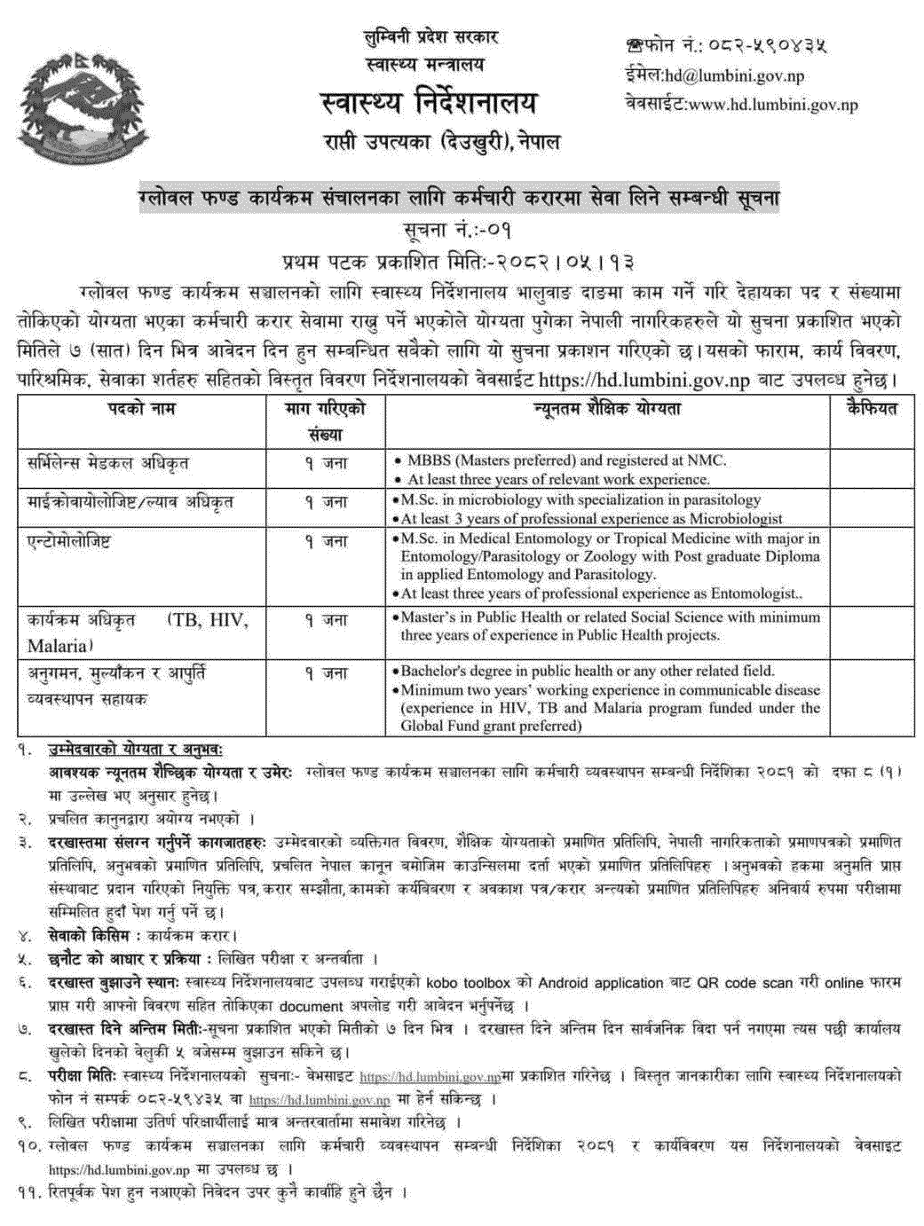 Lumbini Province Health Directorate Global Fund Program Vacancy 2082 