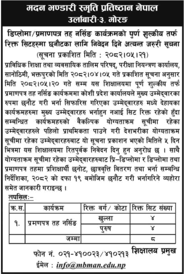 Madan Bhandari Memorial Academy Nepal PCL Nursing Admission 