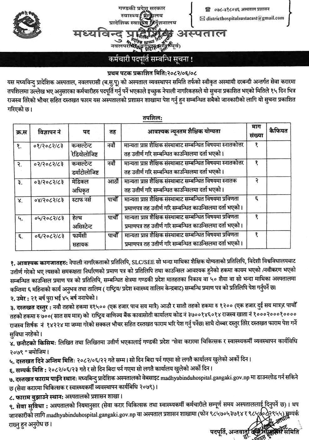 Madhyabindu Provincial Hospital Service Contract Vacancy 