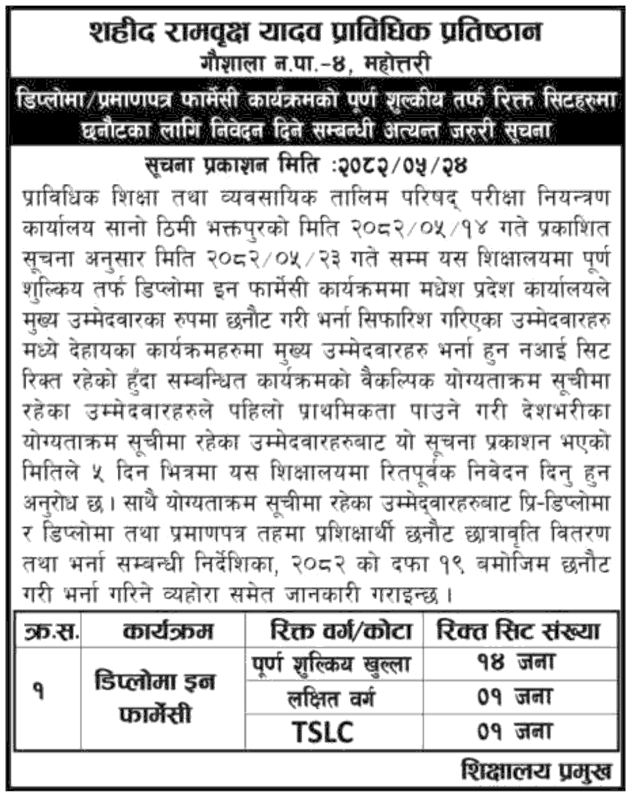 Martyr Rambriksha Yadav Technical Academy Pharmacy Admission 2082 