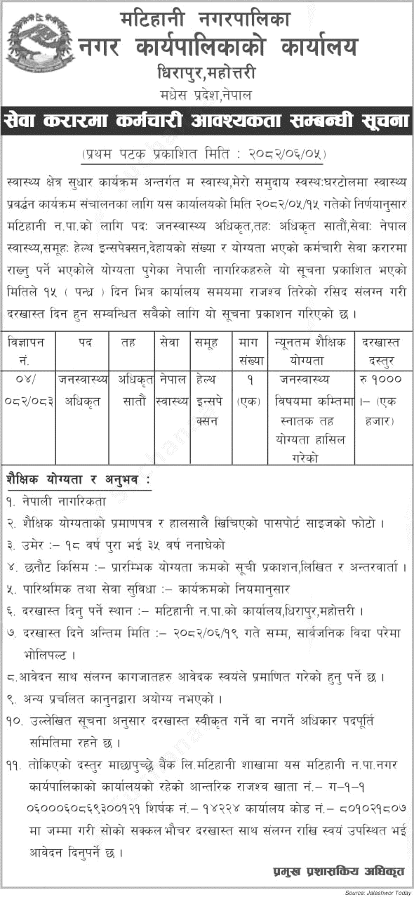 Matihani Municipality Public Health Officer Vacancy 