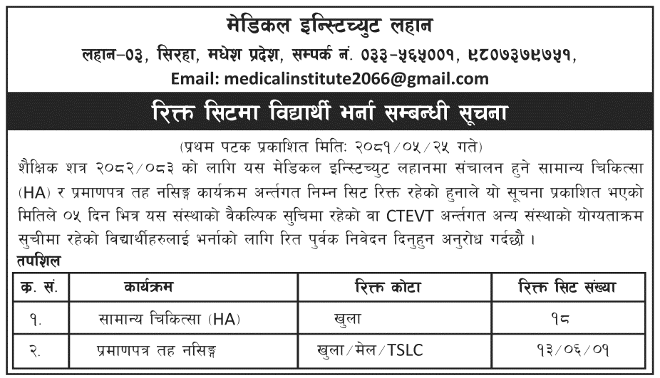 Medical Institute Lahan HA and Nursing Admission Notice 