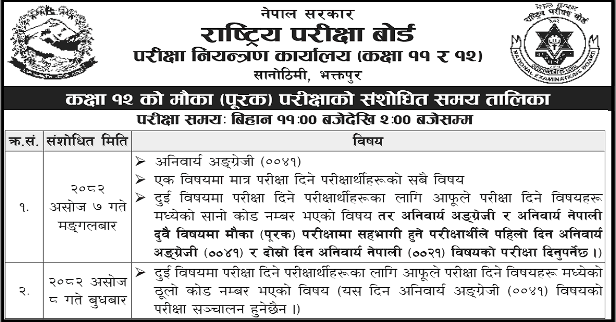 NEB Grade 12 Supplementary ExamRevised Routine 2082 