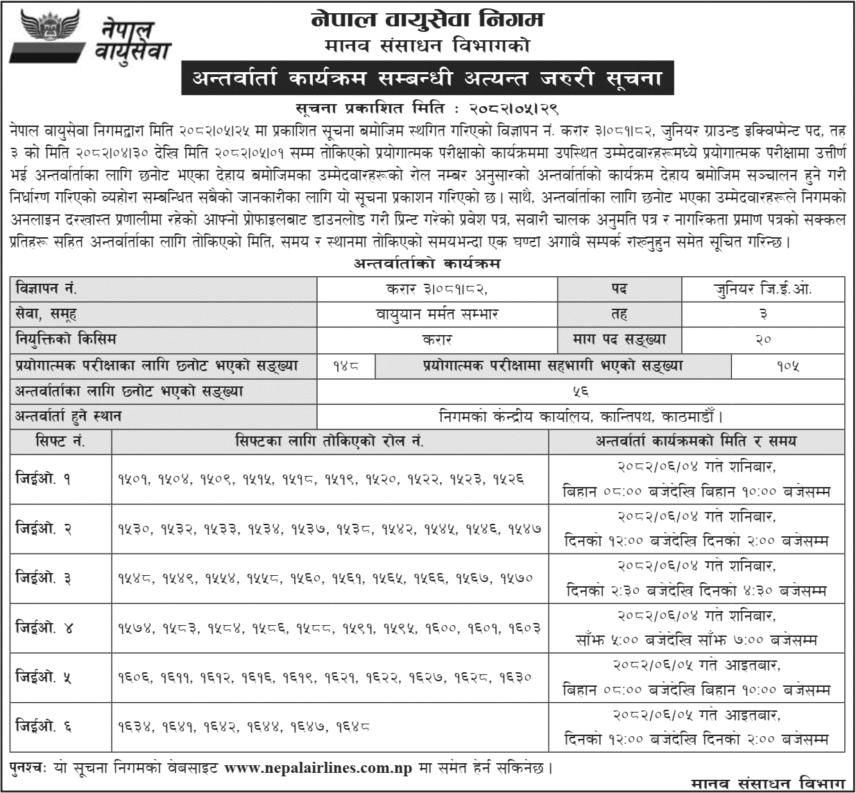 Nepal Airlines Corporation Interview Schedule for Junior GEO Post 2082 