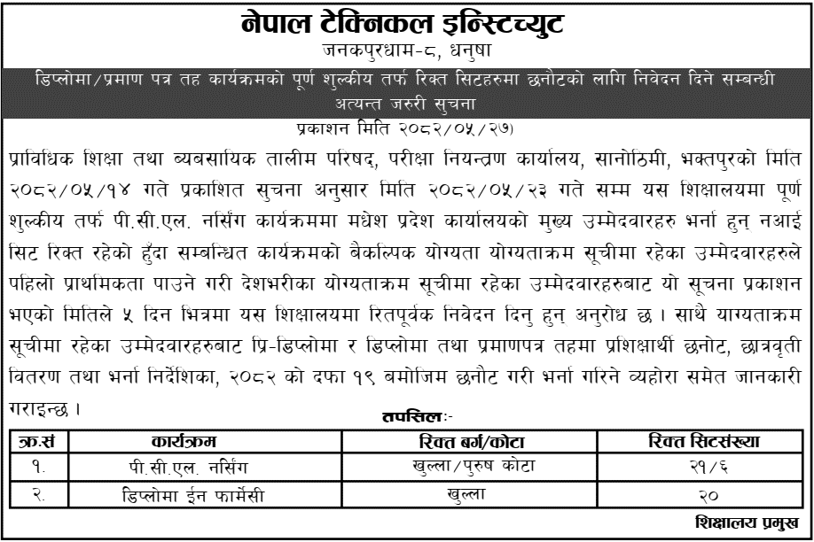 Nepal Technical Institute Janakpur Pharmacy and Nursing Admission 