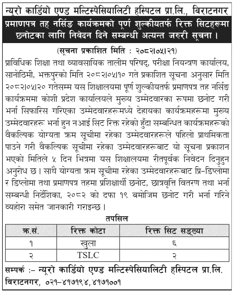 Neuro Cardio Multispeciality Hospital Nursing Seats Admission 2082 