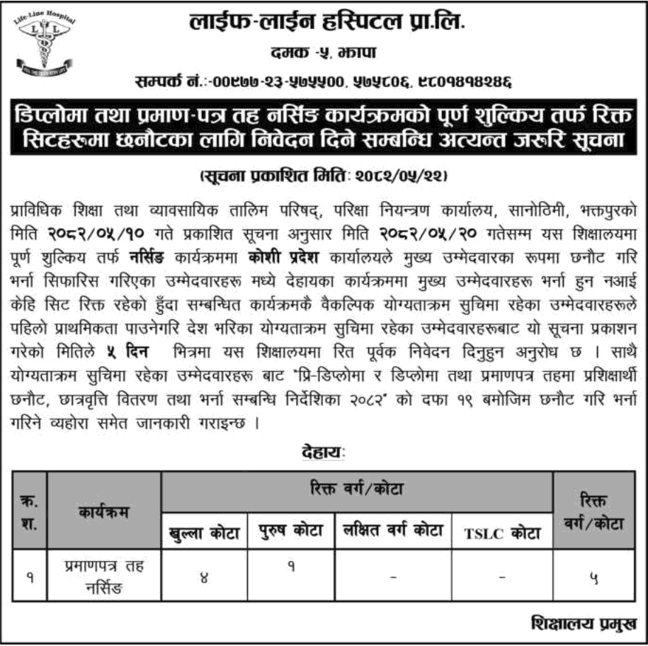 Nursing Admission Notice Life-Line Hospital Damak 
