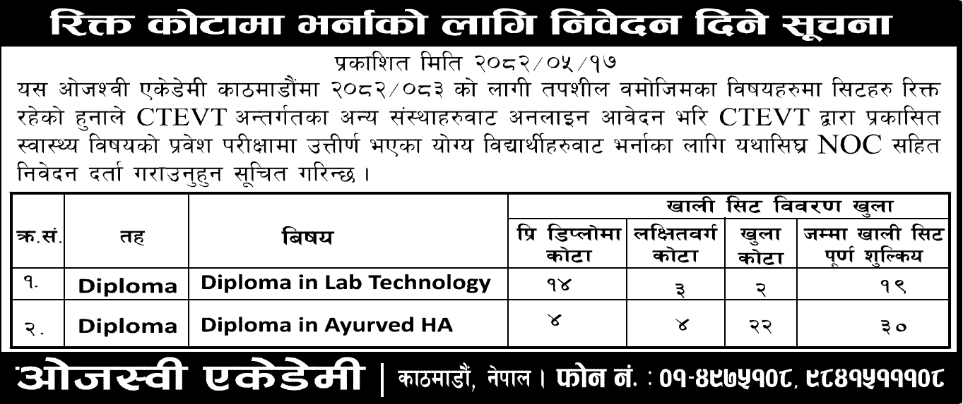 Ojaswi Academy HA, CMLT Admission Notice for Vacant Seats 2082