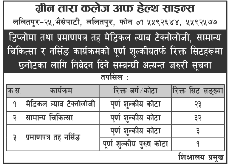 PCL Nursing, CMLT, HA Admission 2082 at Green Tara College Health Science lalitpur
