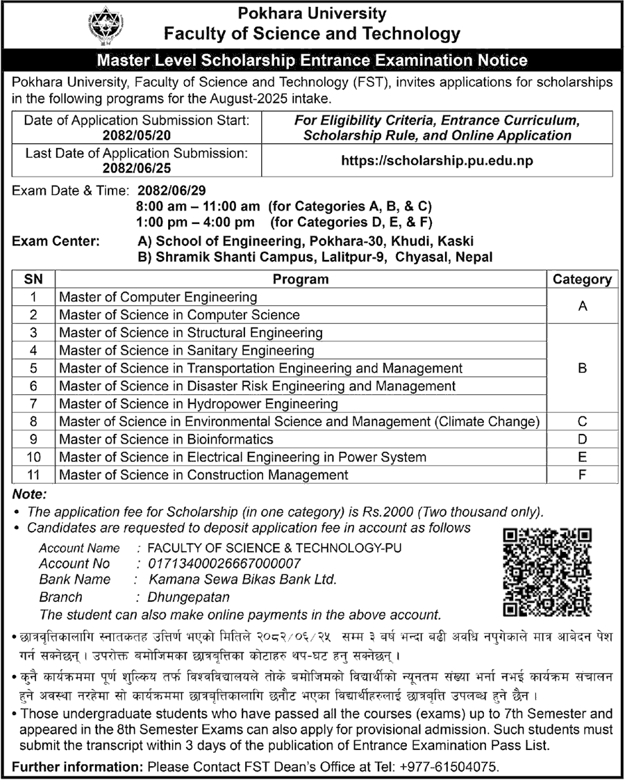 Pokhara University Master Level Scholarship Entrance 2025 