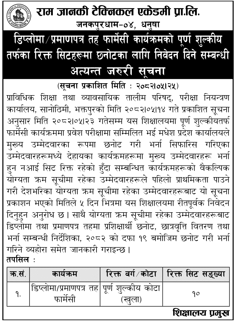 Ram Janaki Technical Institute Pharmacy Admission Notice 2082