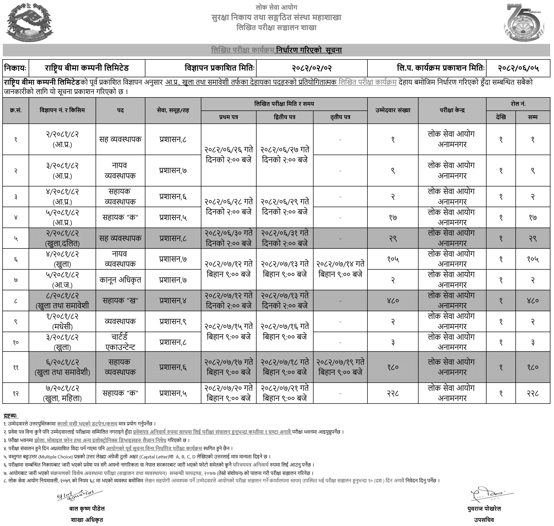 Rastriya Beema Company Limited Written Exam Schedule 2082 