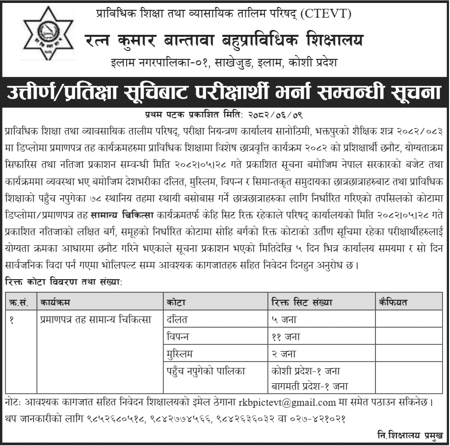 Ratna Kumar Bantawa Technical School HA Admission Notice 2082 