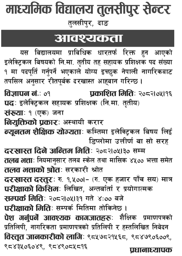 Secondary School Tulsipur Dang Vacancy Electrical Assistant Instructor 2082 
