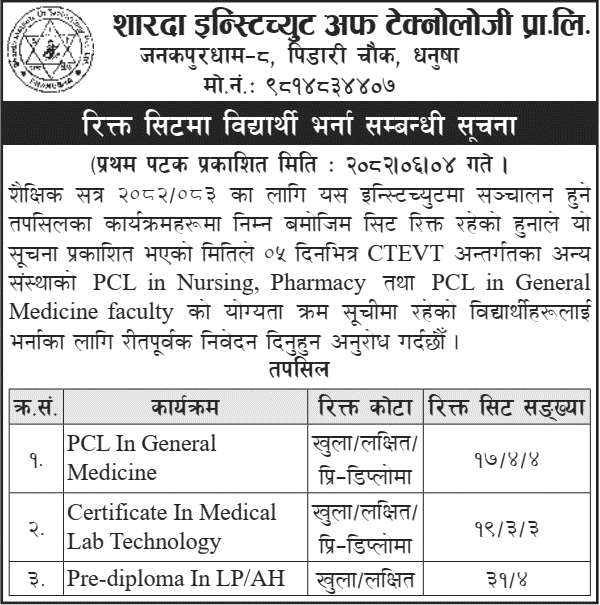 Sharda Institute of Technology Janakpurdham Admission 2082 