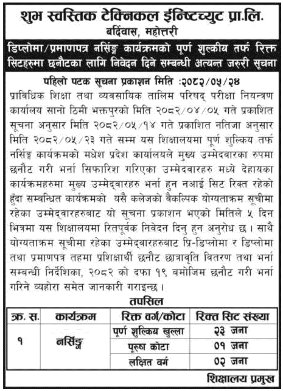 Shubha Swastik Technical Institute PCL Nursing Admission 2082 