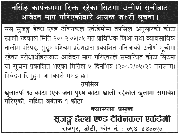 Soojung Health and Technical Academy Nursing Program Admission 2082 