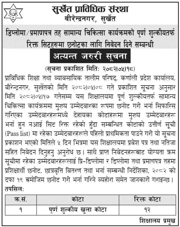 Surkhet Technical Institute HA Admission for Vacant Seats 2082 