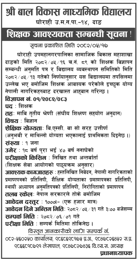 Teacher Vacancy Science Shree Bal Bikash Secondary School Ghorahi 2082 