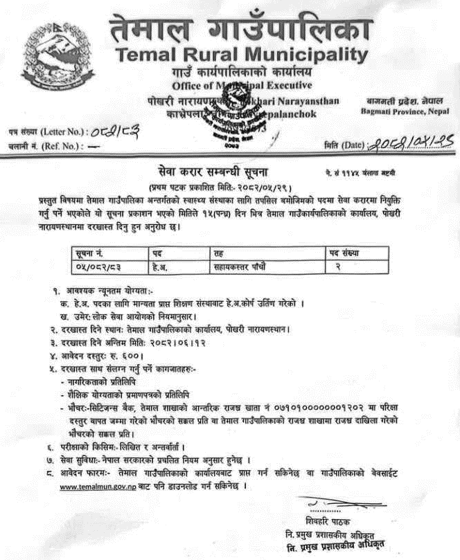 Temal Rural Municipality HA Post Service Contract Vacancy 2082 