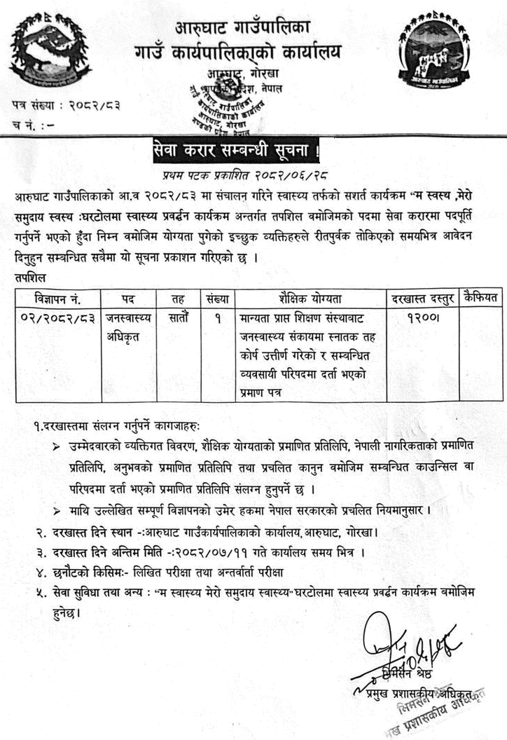 Aarughat Rural Municipality Public Health Officer Vacancy 2082 