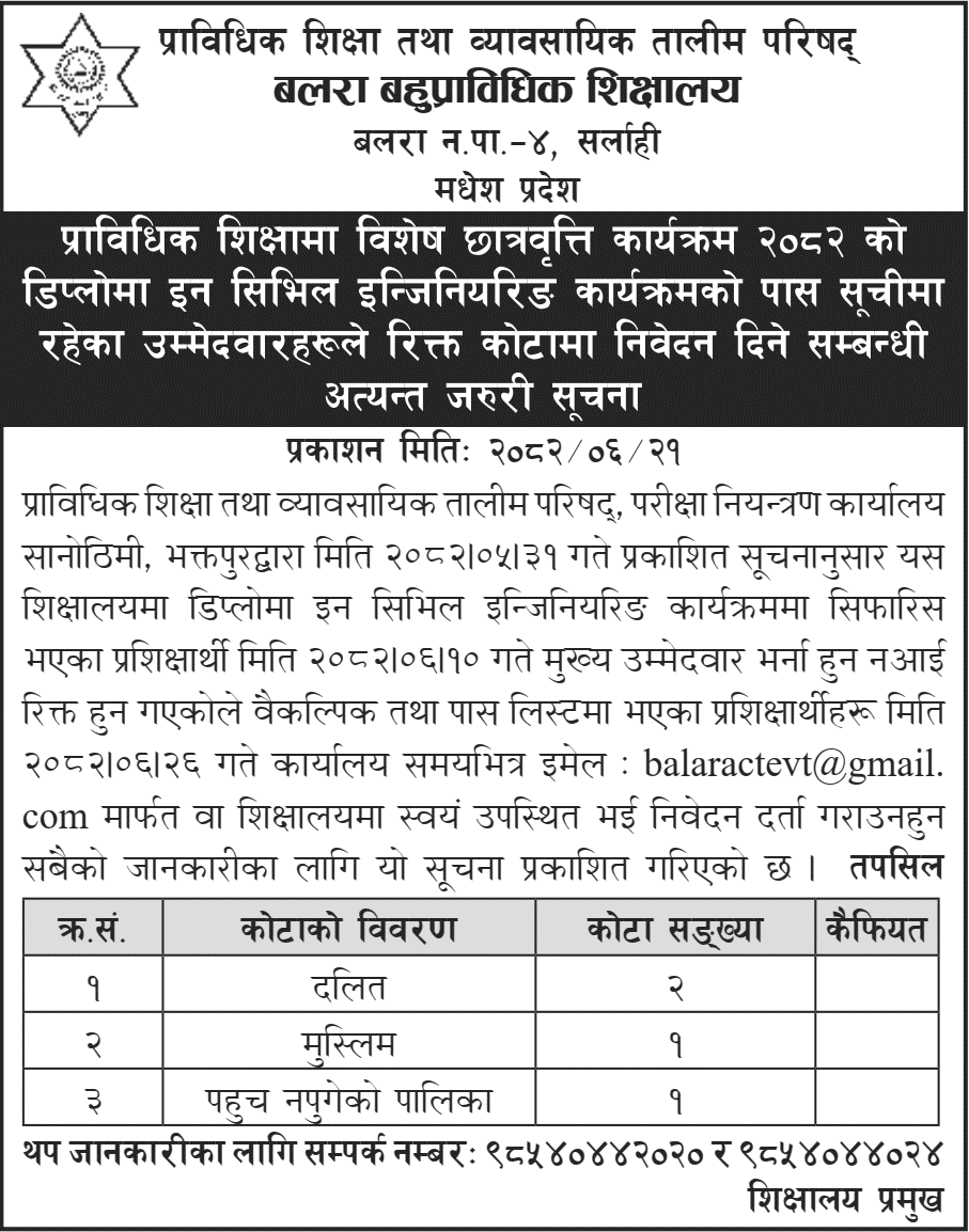 Balara Polytechnic Civil Engineering Scholarship Notice 2082 