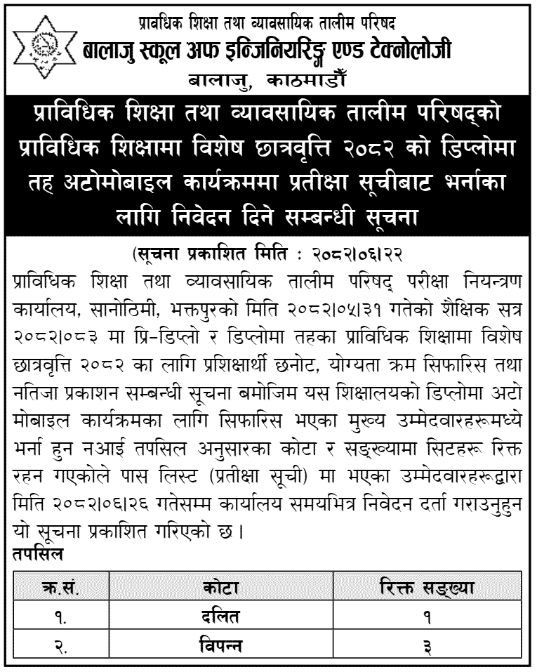 BSET Admission from Waitlist in Diploma in Automobile Program 2082 