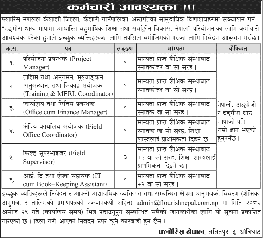 Flourish Nepal Vacancy Announcement for Project Staff 