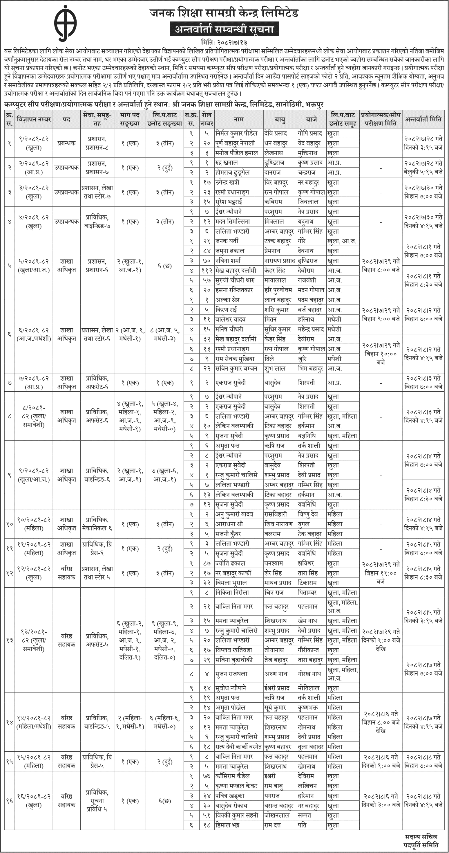 Janak Shiksha Samagri Kendra Limited Interview and Practical Notice 2082