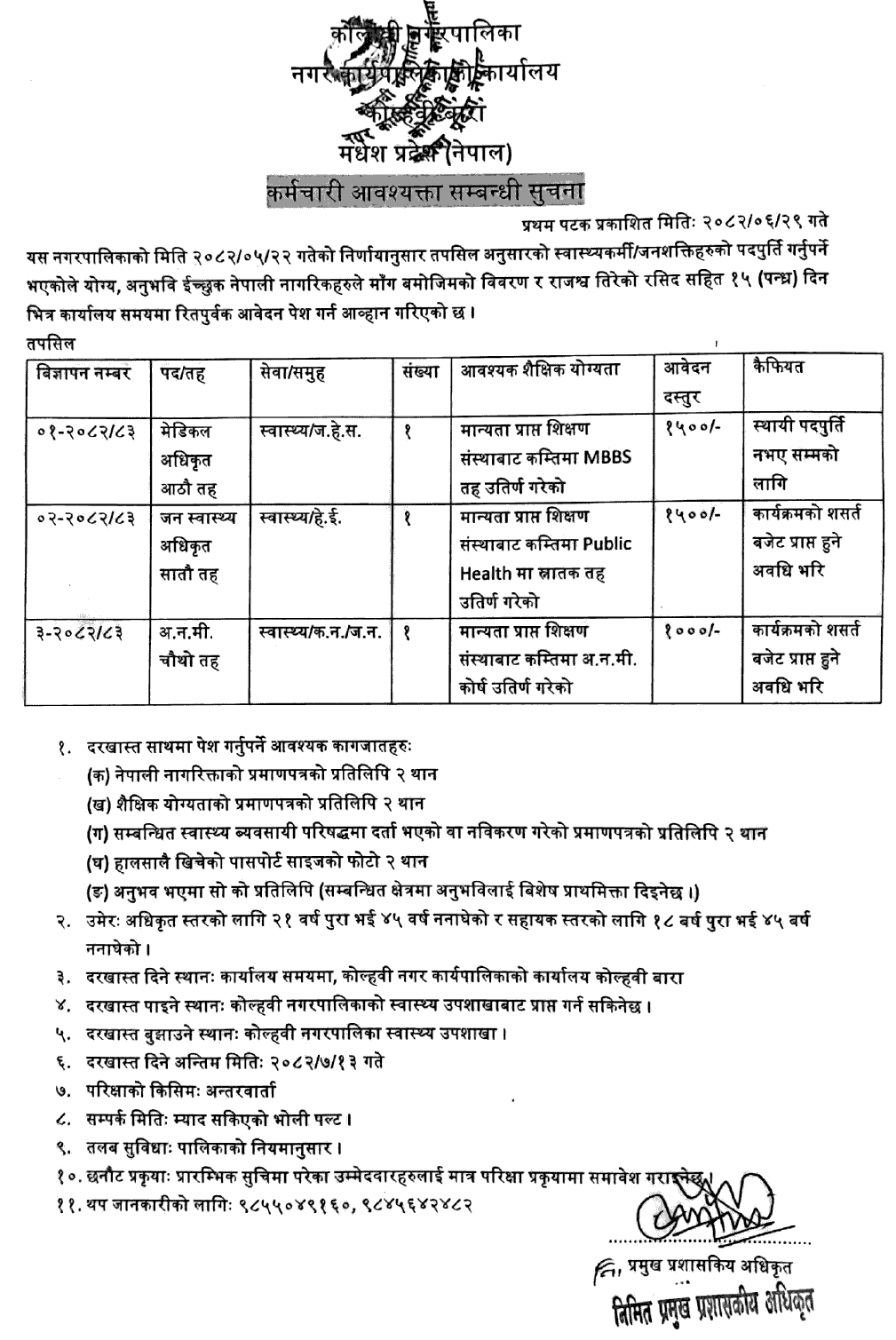 Kolhabi Municipality Vacancy for MO, PHO and ANM 2082 